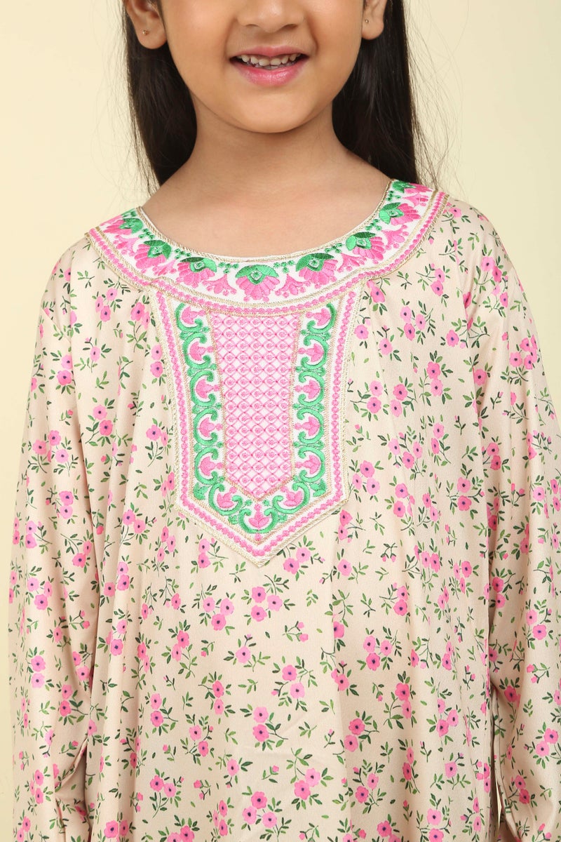 HANA & SARA Girls Satin Digital Print Floral Arabic Jalabiya – Lightweight Modest Wear Dress - Image 3